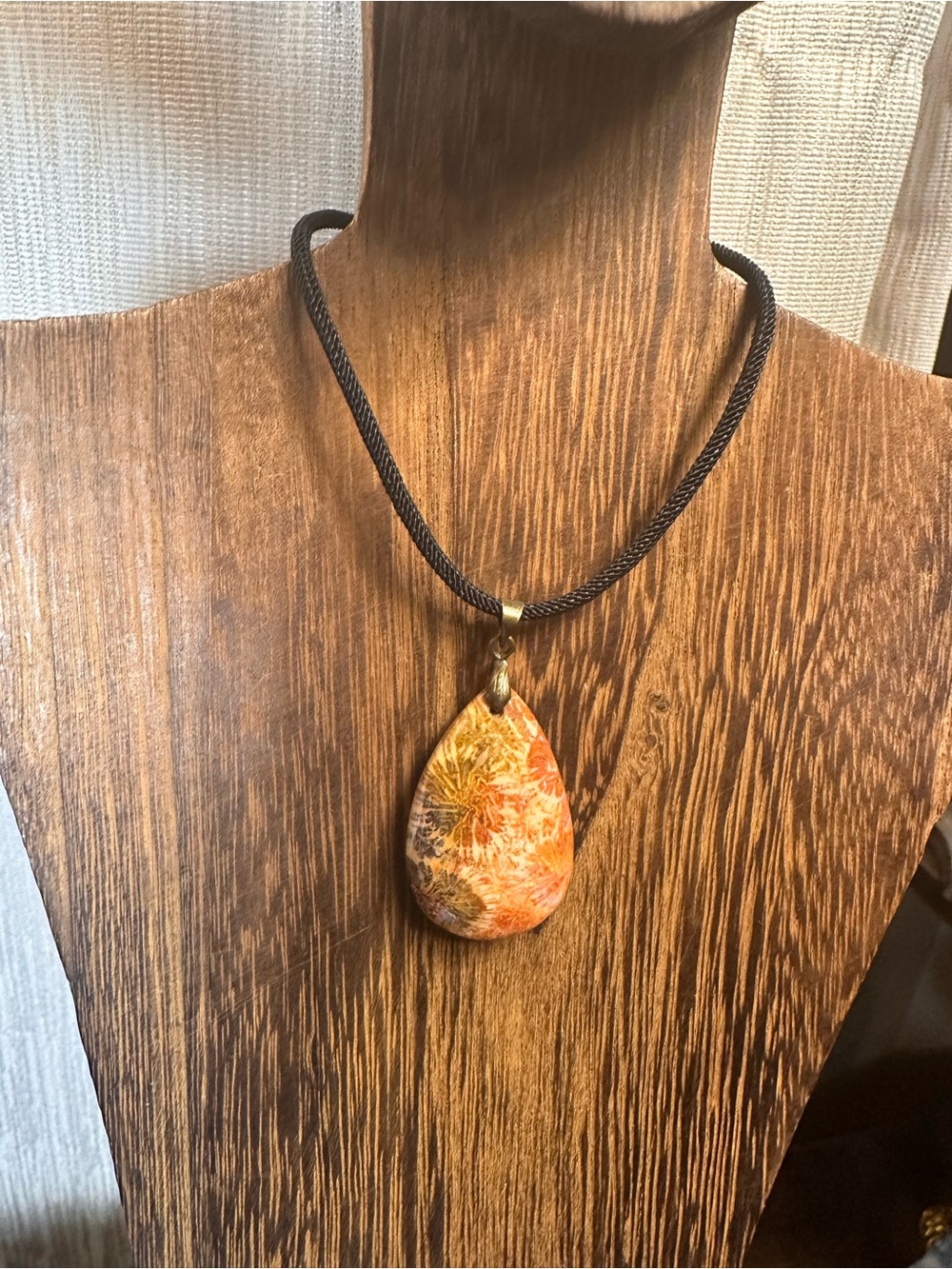 Orange and Black Coral Fossil Teardrop Pendant Necklace on Black Rope - Picture 14 of 16